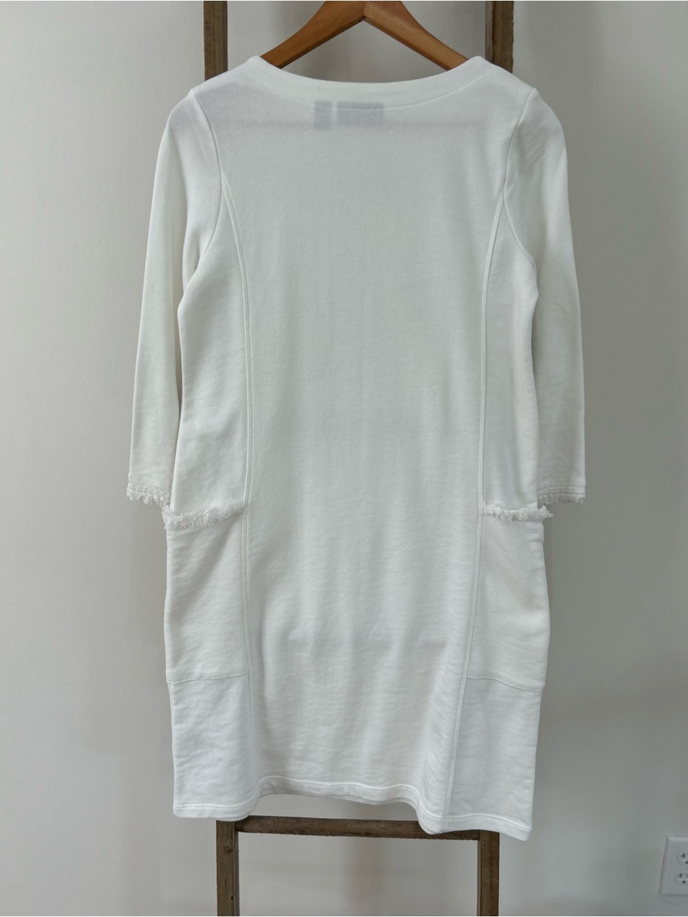 Susan Graver Weekend French Terry Multiples Shift Dress White Fringe Size XXS - Picture 5 of 9